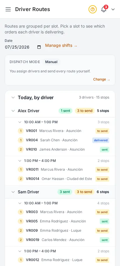DabDash dispatch command center showing the dispatch mode indicator and a driver-first rollup of every driver, their delivery time windows, and ordered stops — mobile view
