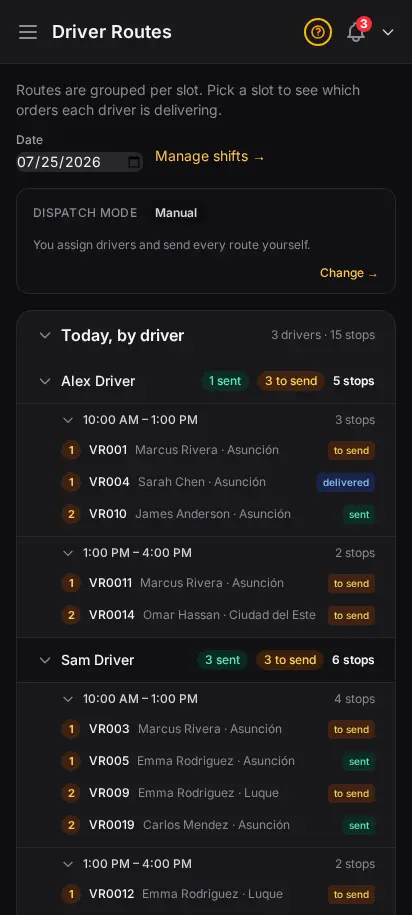 DabDash dispatch command center showing the dispatch mode indicator and a driver-first rollup of every driver, their delivery time windows, and ordered stops — mobile view