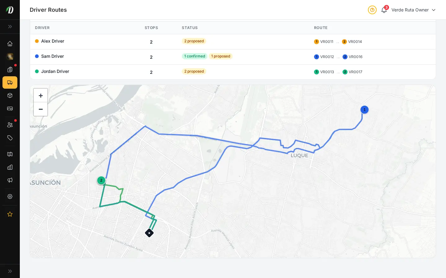 DabDash driver routes page in Map Mode with draggable stop chips for rebalancing deliveries between drivers
