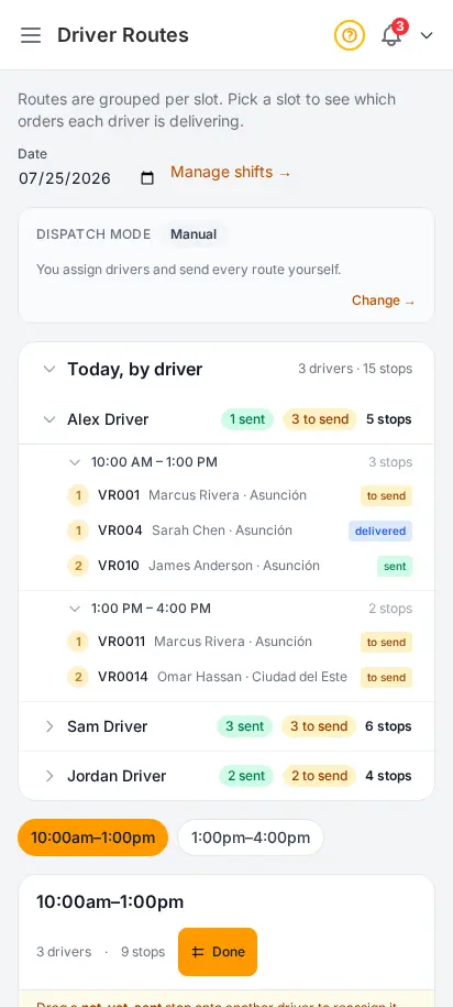 DabDash driver routes page in Map Mode with draggable stop chips for rebalancing deliveries between drivers — mobile view