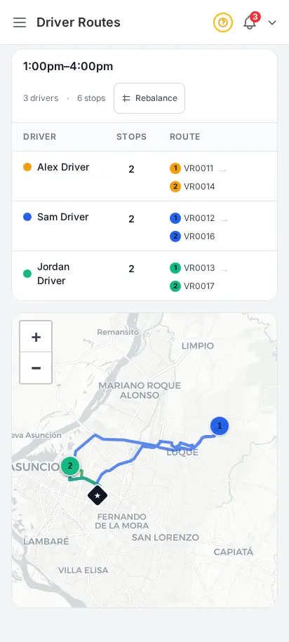 DabDash driver routes page in Map Mode with draggable stop chips for rebalancing deliveries between drivers — mobile view