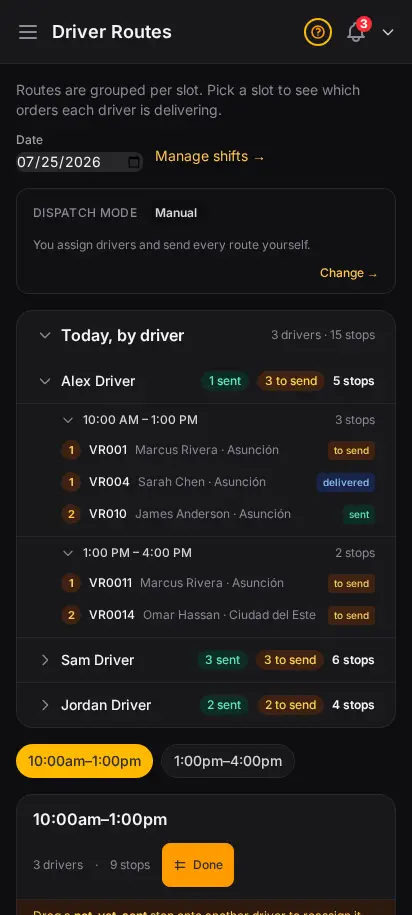 DabDash driver routes page in Map Mode with draggable stop chips for rebalancing deliveries between drivers — mobile view