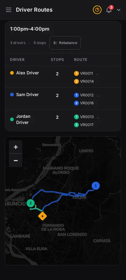 DabDash driver routes page in Map Mode with draggable stop chips for rebalancing deliveries between drivers — mobile view