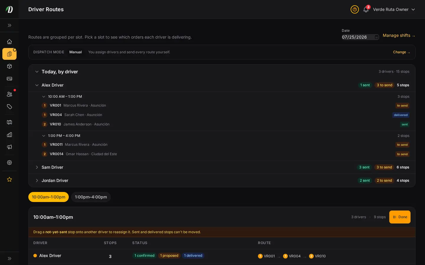 DabDash driver routes page in Map Mode with draggable stop chips for rebalancing deliveries between drivers