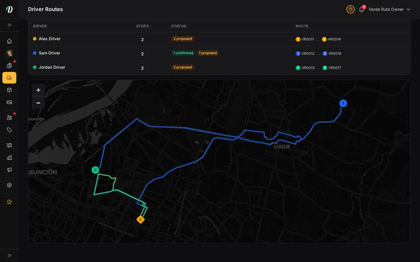 DabDash driver routes page in Map Mode with draggable stop chips for rebalancing deliveries between drivers