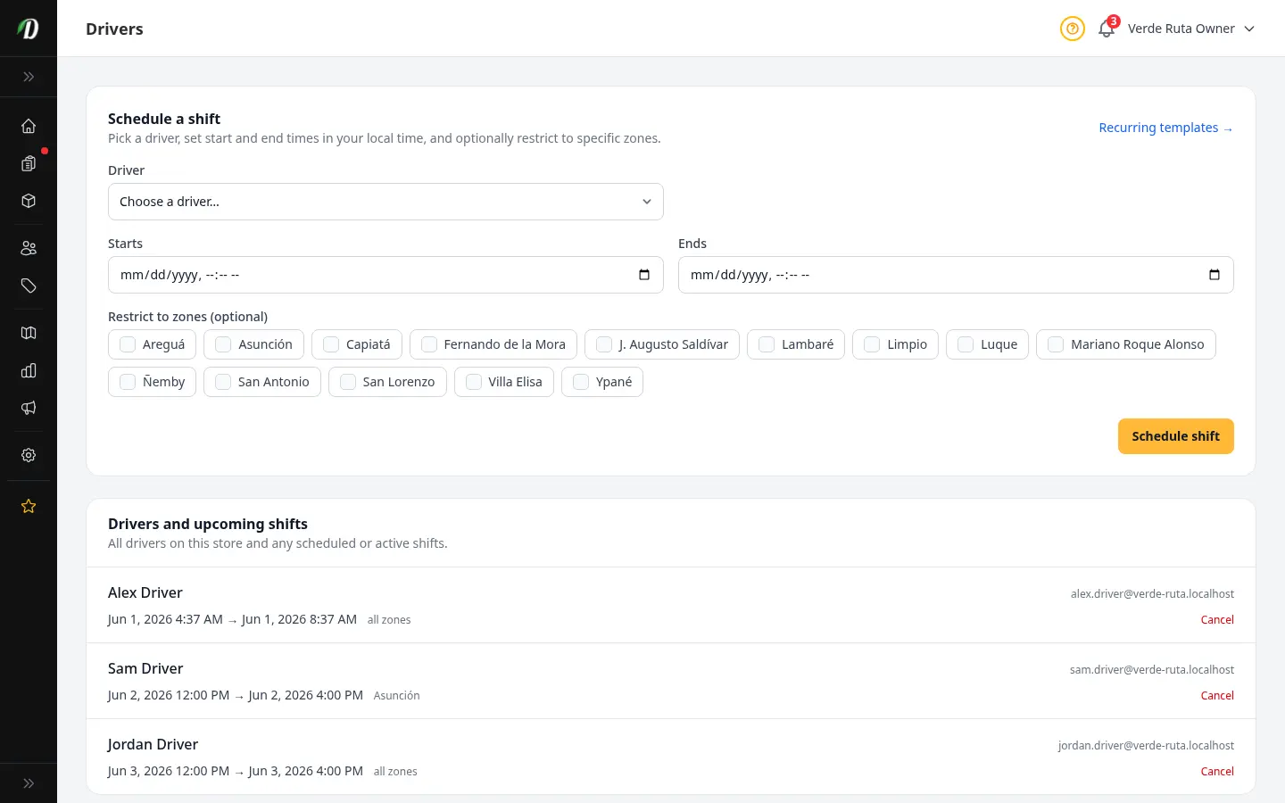 DabDash driver scheduling page showing the quick form to schedule a shift at the top, with a list of drivers and their upcoming shifts below