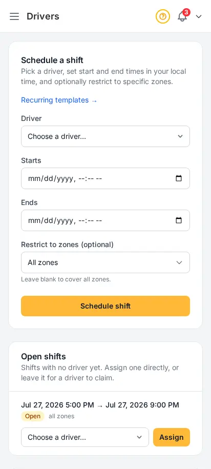 DabDash drivers page showing a shift scheduling form and a list of drivers with their upcoming shifts — mobile view