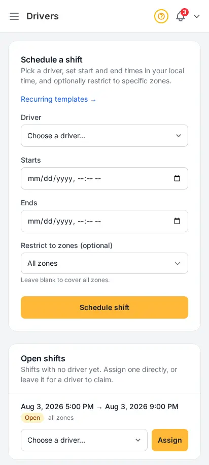 DabDash drivers page showing a shift scheduling form and a list of drivers with their upcoming shifts — mobile view