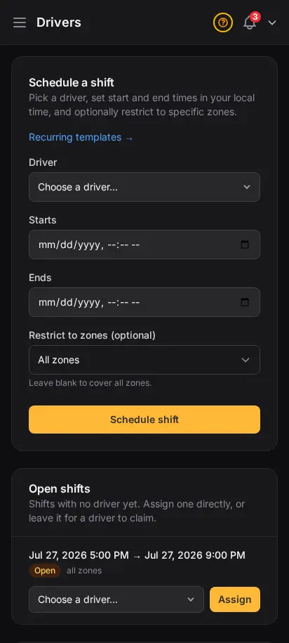 DabDash drivers page showing a shift scheduling form and a list of drivers with their upcoming shifts — mobile view