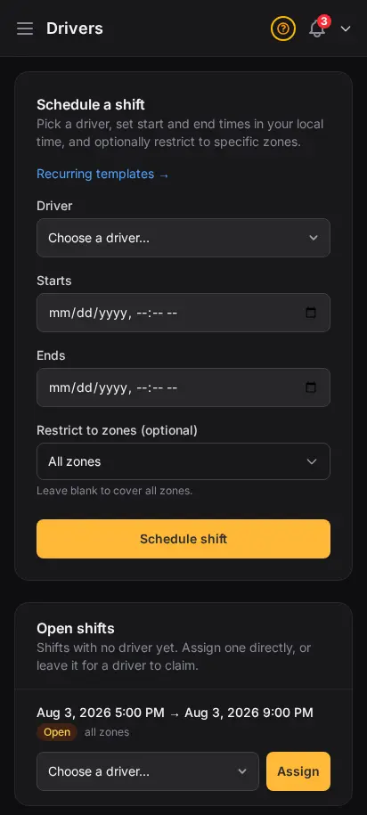 DabDash drivers page showing a shift scheduling form and a list of drivers with their upcoming shifts — mobile view