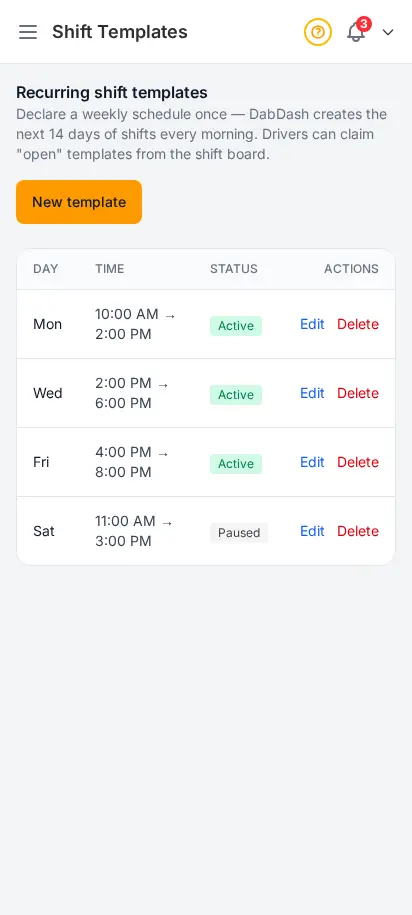 DabDash recurring shift templates page showing weekly shifts with day, time, assigned driver, capacity, zones, and active or paused status — mobile view