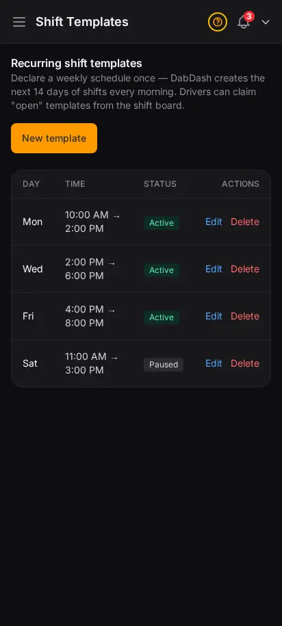 DabDash recurring shift templates page showing weekly shifts with day, time, assigned driver, capacity, zones, and active or paused status — mobile view