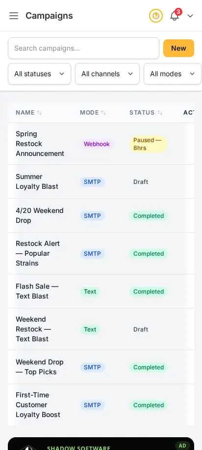 DabDash email campaigns page showing campaign names, delivery modes, statuses, send progress, and action controls — mobile view