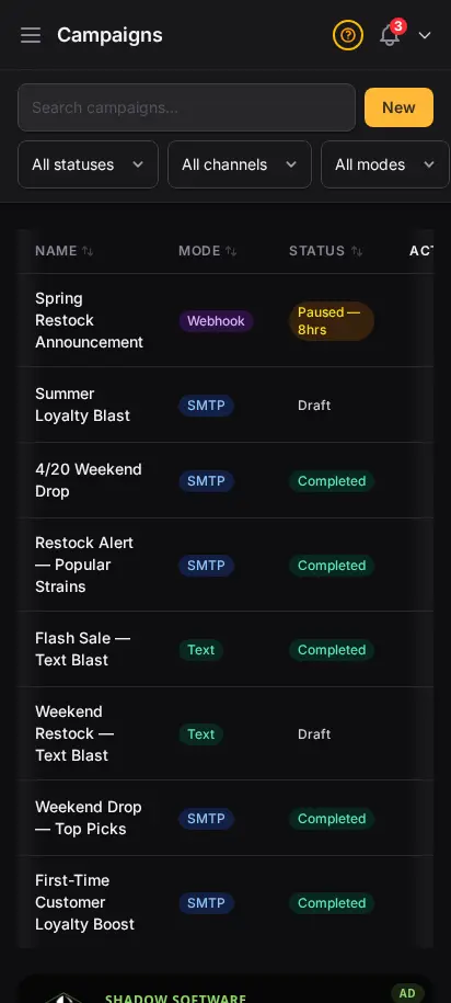 DabDash email campaigns page showing campaign names, delivery modes, statuses, send progress, and action controls — mobile view