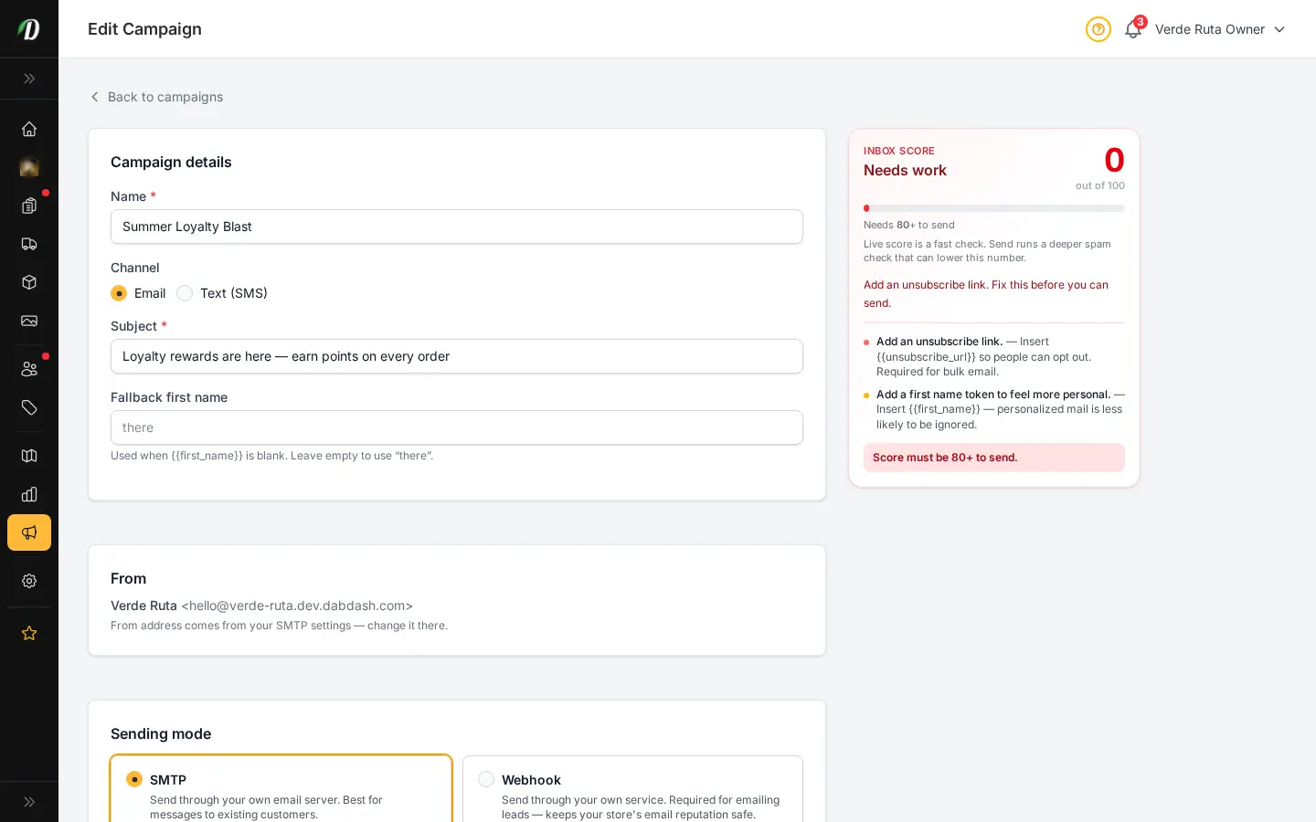 DabDash campaign editor showing a draft campaign with subject, body, delivery settings, and send options