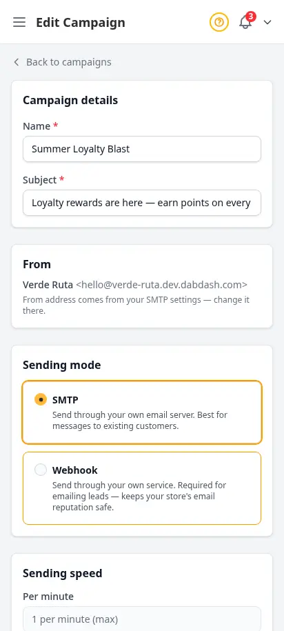 DabDash campaign editor showing a draft campaign with subject, body, delivery settings, and send options — mobile view