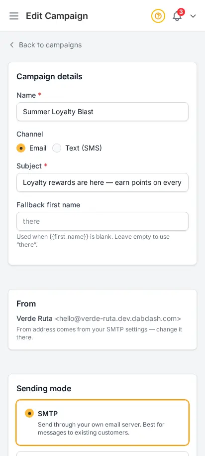DabDash campaign editor showing a draft campaign with subject, body, delivery settings, and send options — mobile view