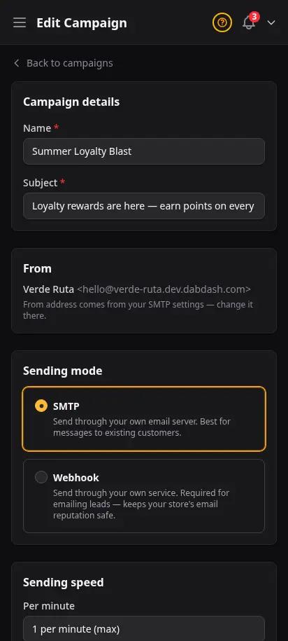 DabDash campaign editor showing a draft campaign with subject, body, delivery settings, and send options — mobile view