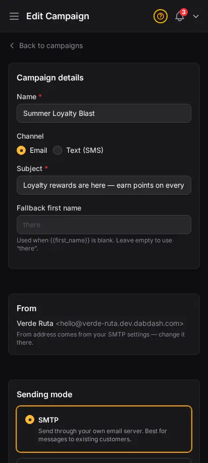 DabDash campaign editor showing a draft campaign with subject, body, delivery settings, and send options — mobile view