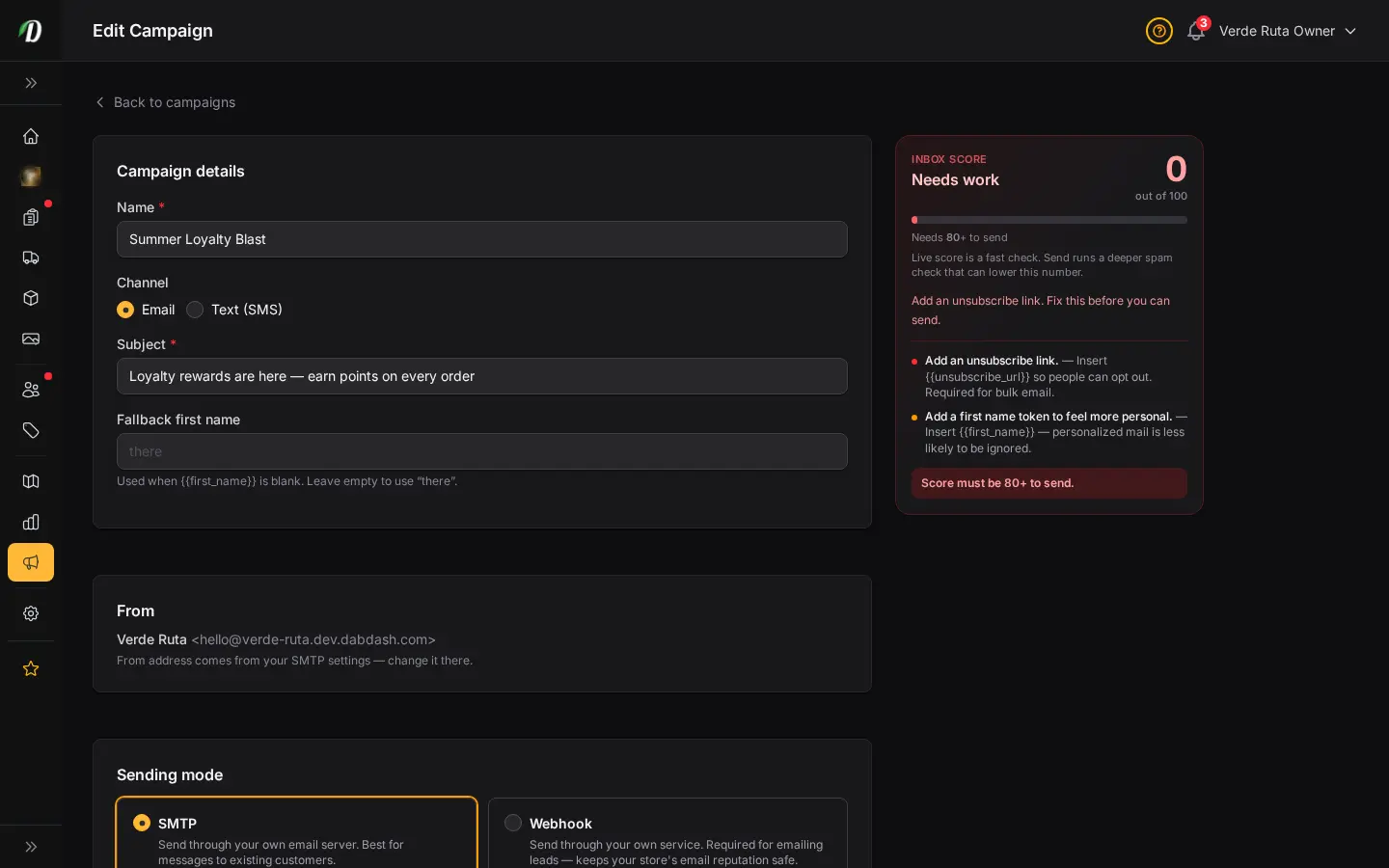 DabDash campaign editor showing a draft campaign with subject, body, delivery settings, and send options
