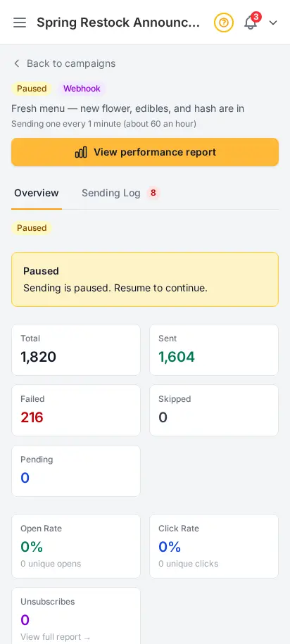 DabDash campaign detail showing send progress, recipient count, delivery errors, and pause controls — mobile view