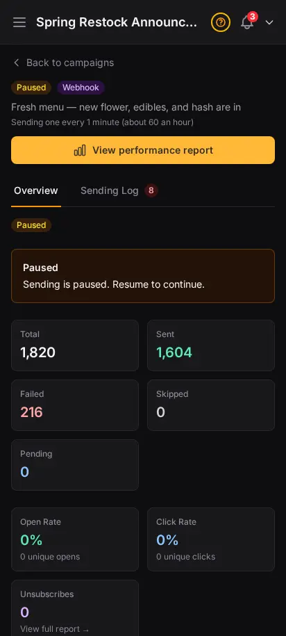 DabDash campaign detail showing send progress, recipient count, delivery errors, and pause controls — mobile view