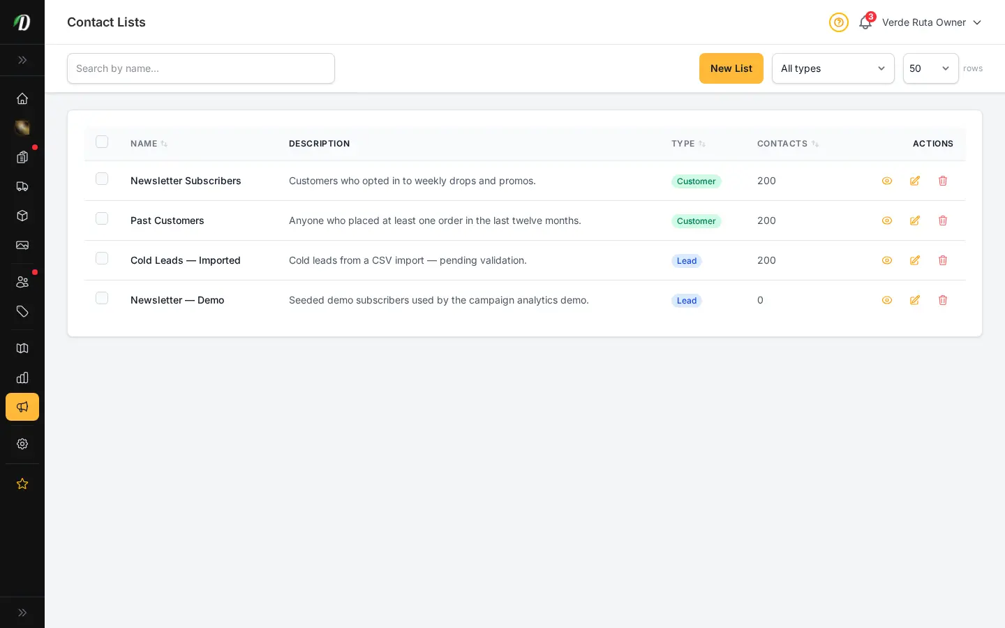 DabDash contact lists page showing audience segments for email campaigns with import and contact counts