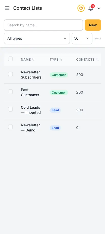 DabDash contact lists page showing audience segments for email campaigns with import and contact counts