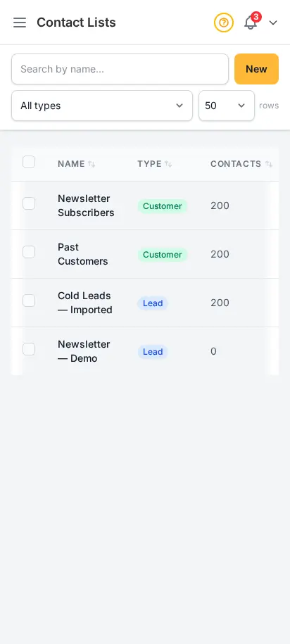 DabDash contact lists page showing audience segments for email campaigns with import and contact counts