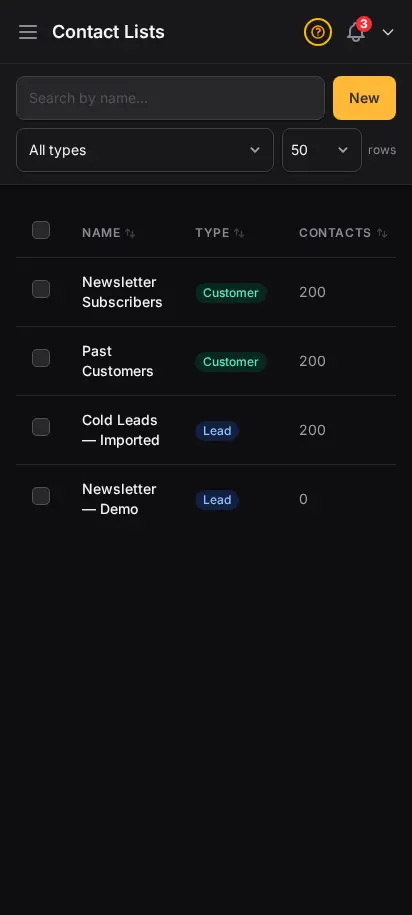DabDash contact lists page showing audience segments for email campaigns with import and contact counts