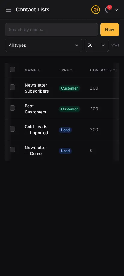 DabDash contact lists page showing audience segments for email campaigns with import and contact counts
