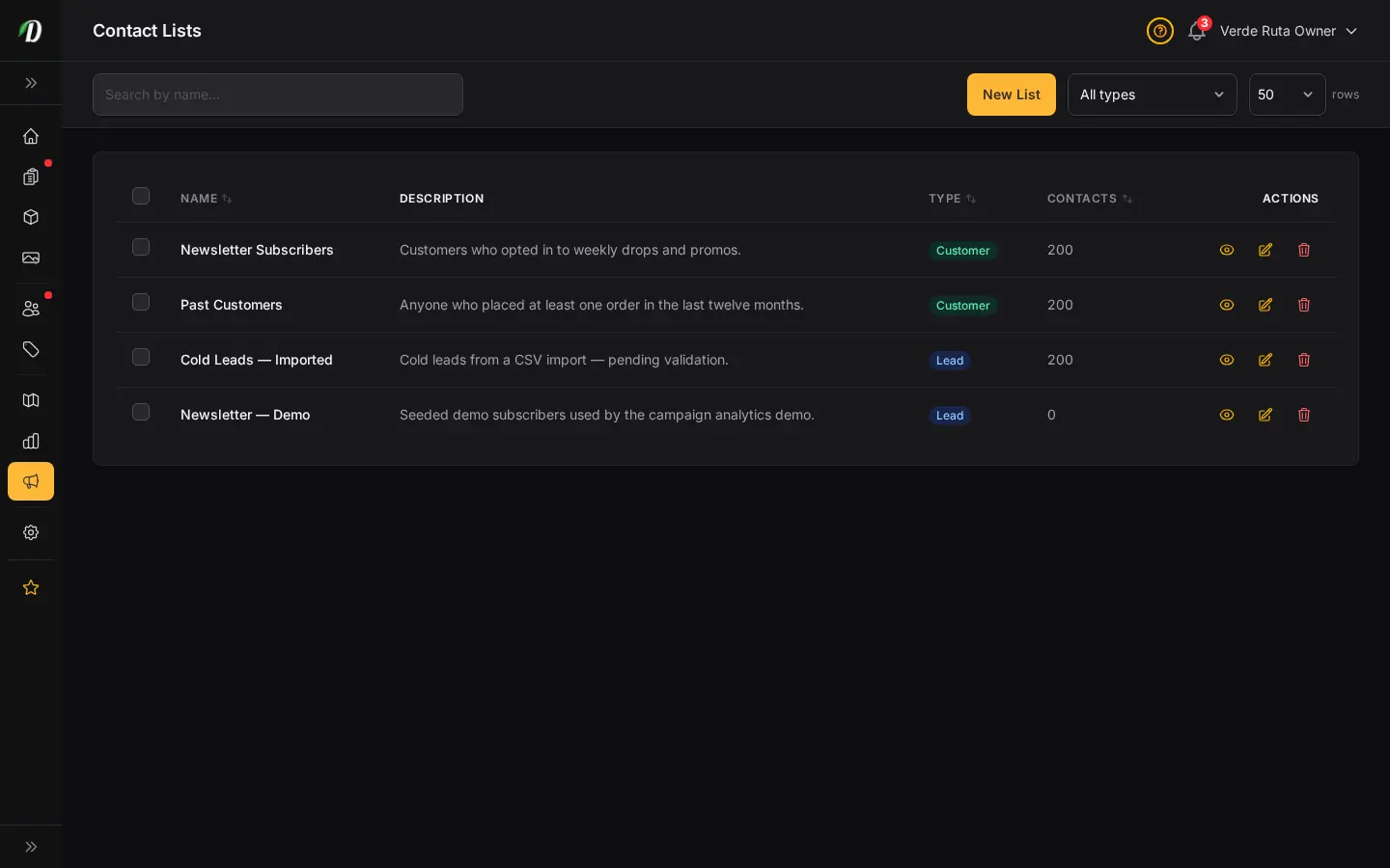 DabDash contact lists page showing audience segments for email campaigns with import and contact counts