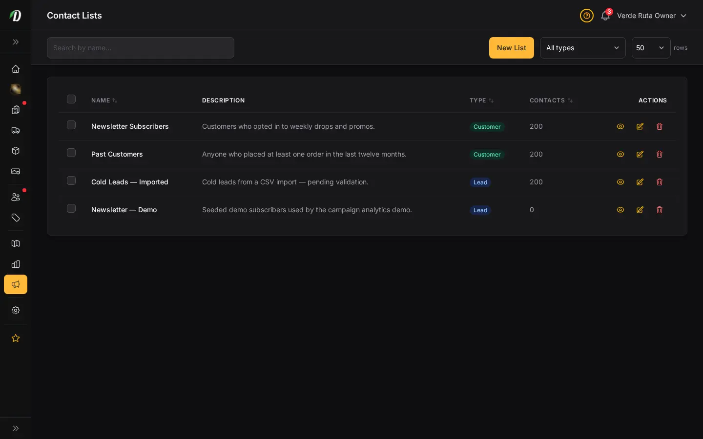 DabDash contact lists page showing audience segments for email campaigns with import and contact counts
