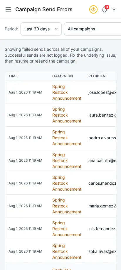 DabDash campaign send errors page showing per-recipient failure types, error detail, and HTTP status codes — mobile view
