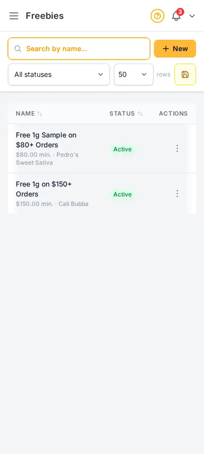 DabDash freebies page showing spend thresholds, reward products, and active rule status — mobile view