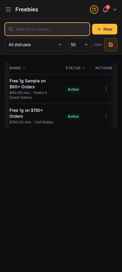 DabDash freebies page showing spend thresholds, reward products, and active rule status — mobile view