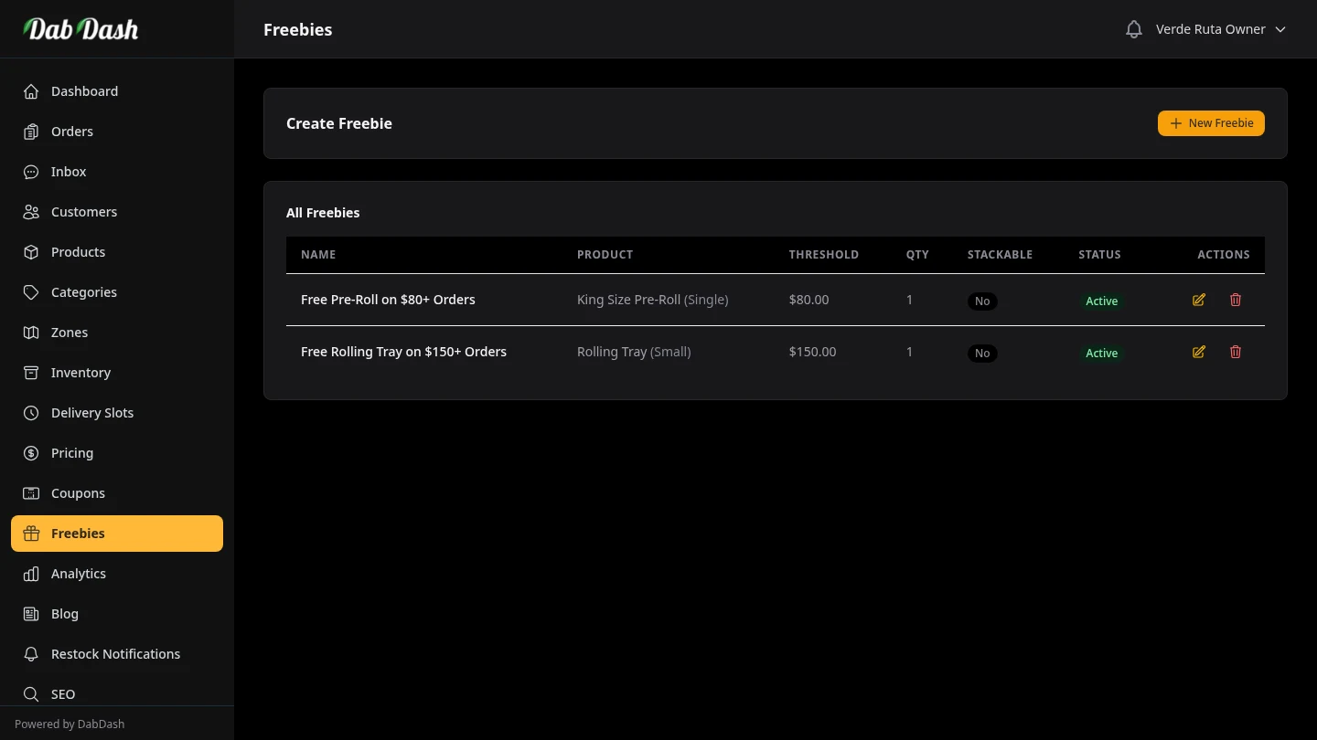 DabDash freebies manager showing automatic reward threshold rules