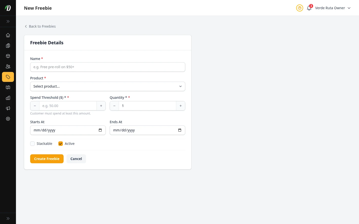 DabDash new freebie form showing fields for rule name, product selector, spend threshold, quantity, date range, stackable and active toggles