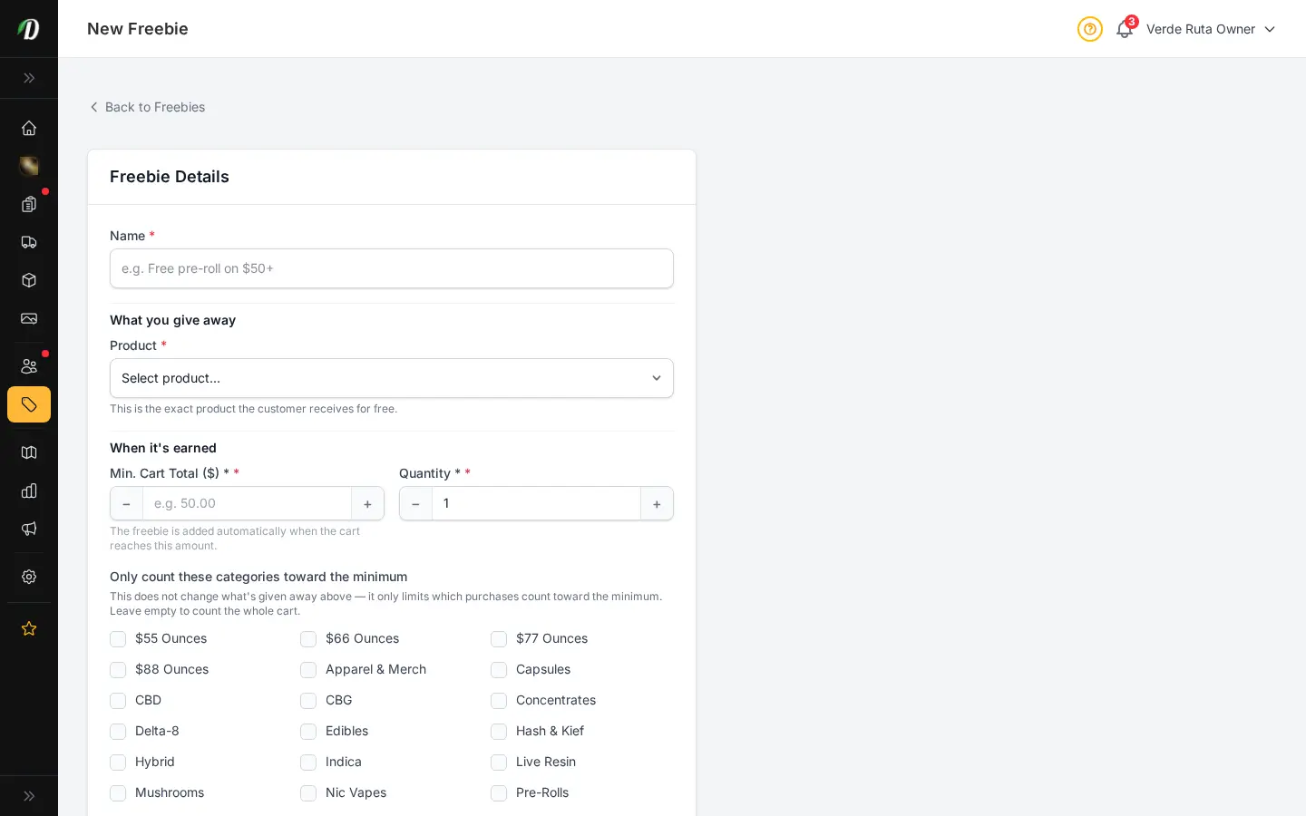 DabDash add freebie rule form showing spend threshold, reward product, and quantity fields