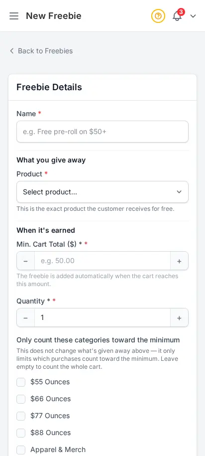 DabDash add freebie rule form showing spend threshold, reward product, and quantity fields — mobile view