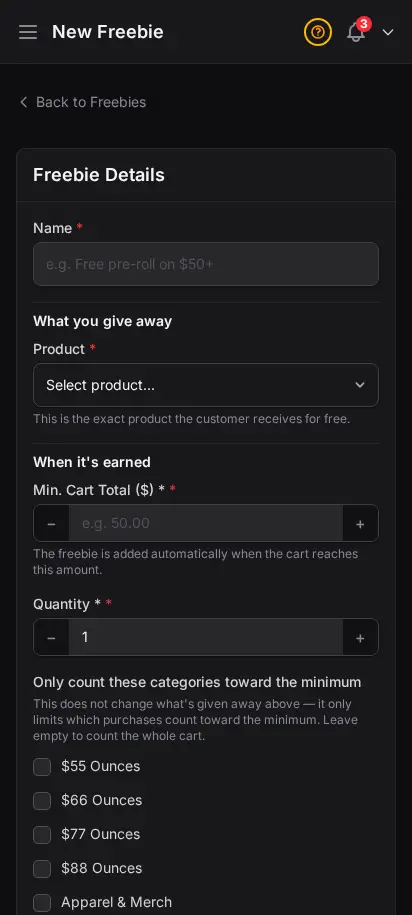DabDash add freebie rule form showing spend threshold, reward product, and quantity fields — mobile view
