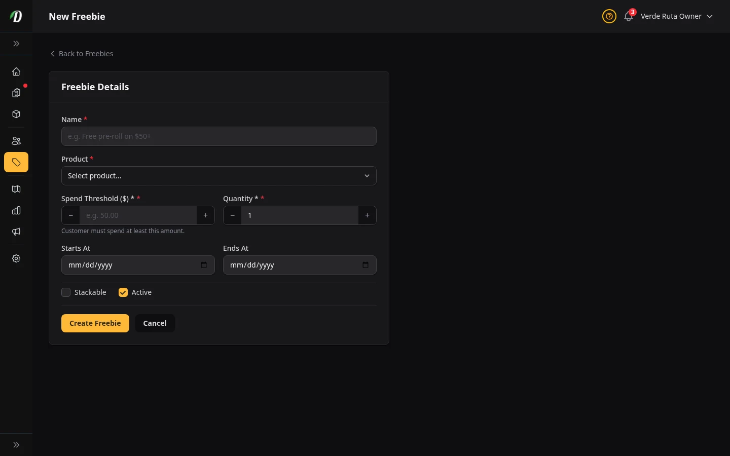 DabDash add freebie rule form showing spend threshold, reward product, and quantity fields