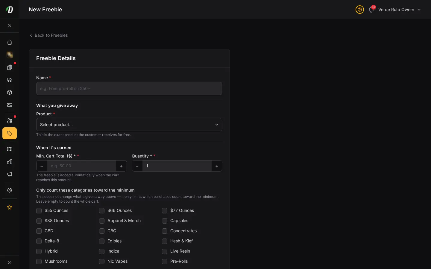 DabDash add freebie rule form showing spend threshold, reward product, and quantity fields