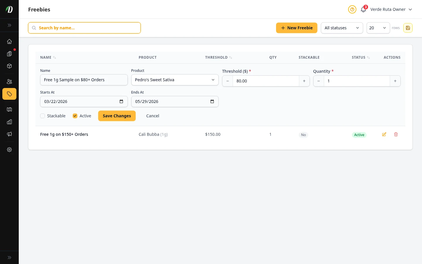 DabDash freebie editor showing a saved reward rule with threshold and product settings