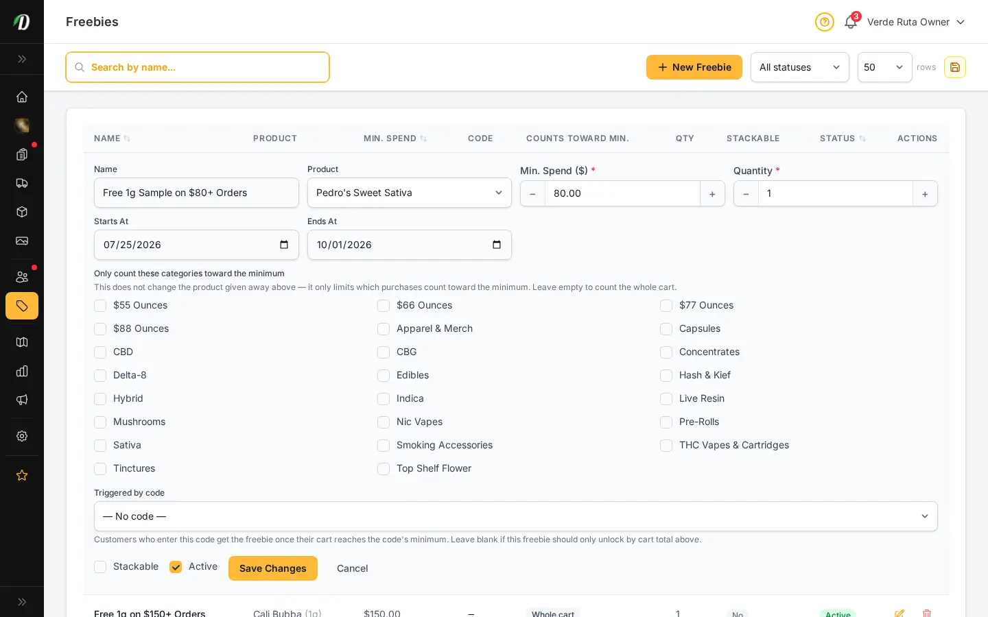 DabDash freebie editor showing a saved reward rule with threshold and product settings