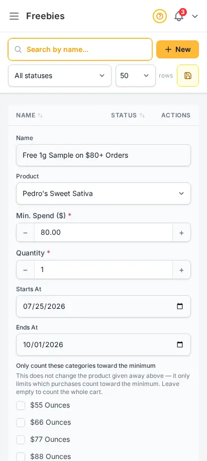 DabDash freebie editor showing a saved reward rule with threshold and product settings — mobile view