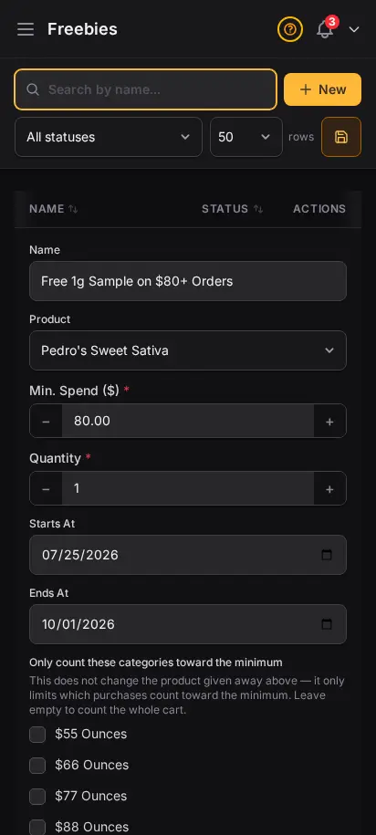 DabDash freebie editor showing a saved reward rule with threshold and product settings — mobile view