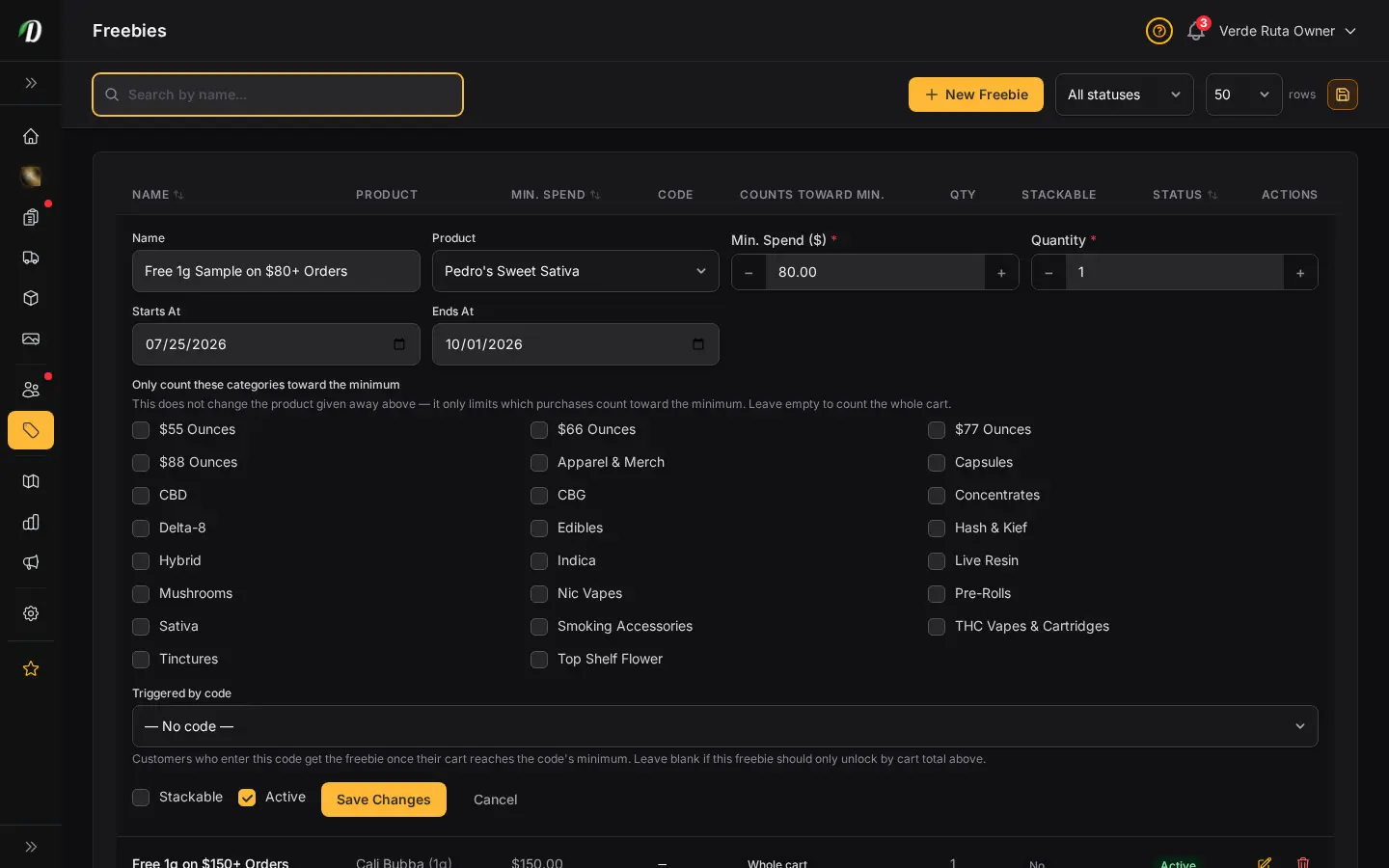 DabDash freebie editor showing a saved reward rule with threshold and product settings