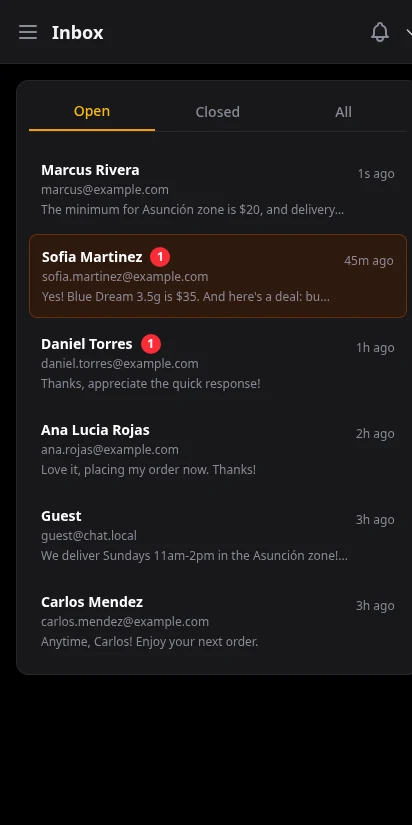 DabDash vendor inbox showing customer conversation list with unread badges and live strain recommendation thread — mobile view