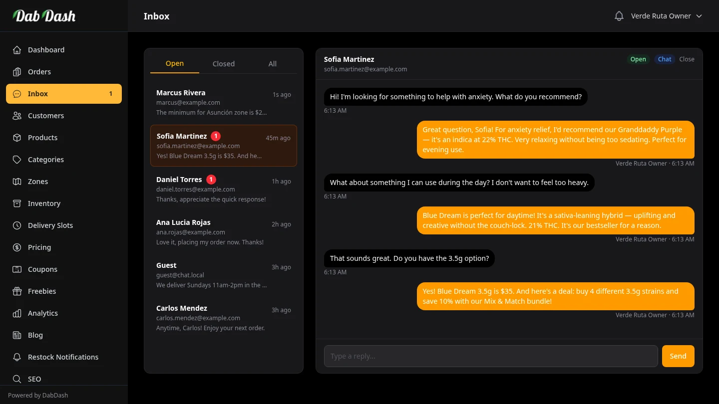 DabDash vendor inbox showing customer conversation list with unread badges and live strain recommendation thread